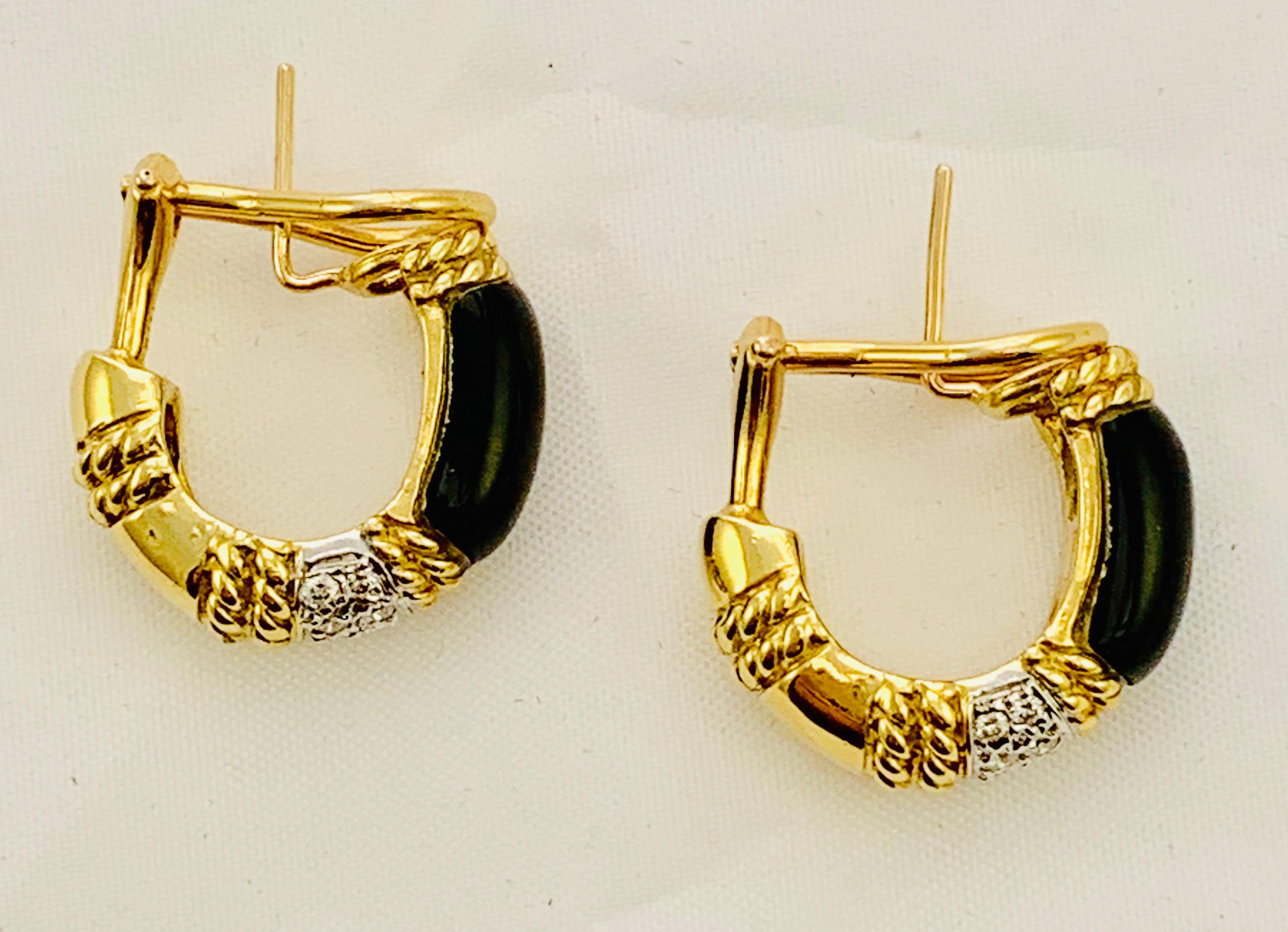Designer Cassis 18 Karat Yellow Gold, Diamond and Onyx Omega Back Earrings 1