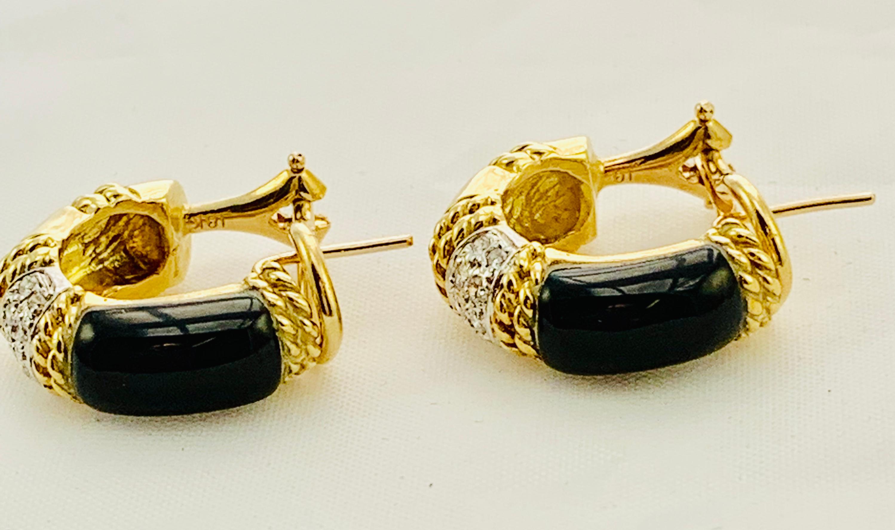Designer Cassis 18 Karat Yellow Gold, Diamond and Onyx Omega Back Earrings 2