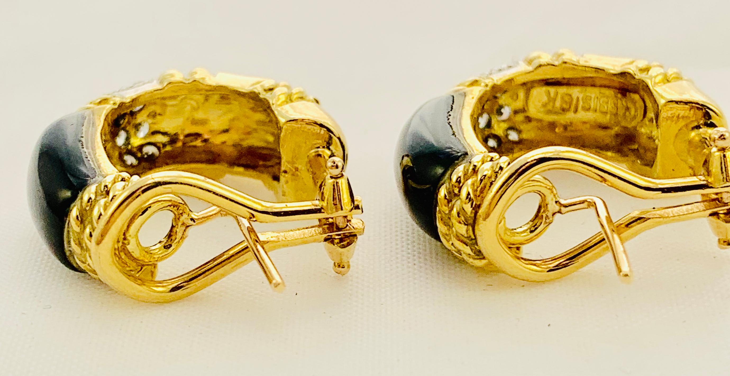 Designer Cassis 18 Karat Yellow Gold, Diamond and Onyx Omega Back Earrings 3