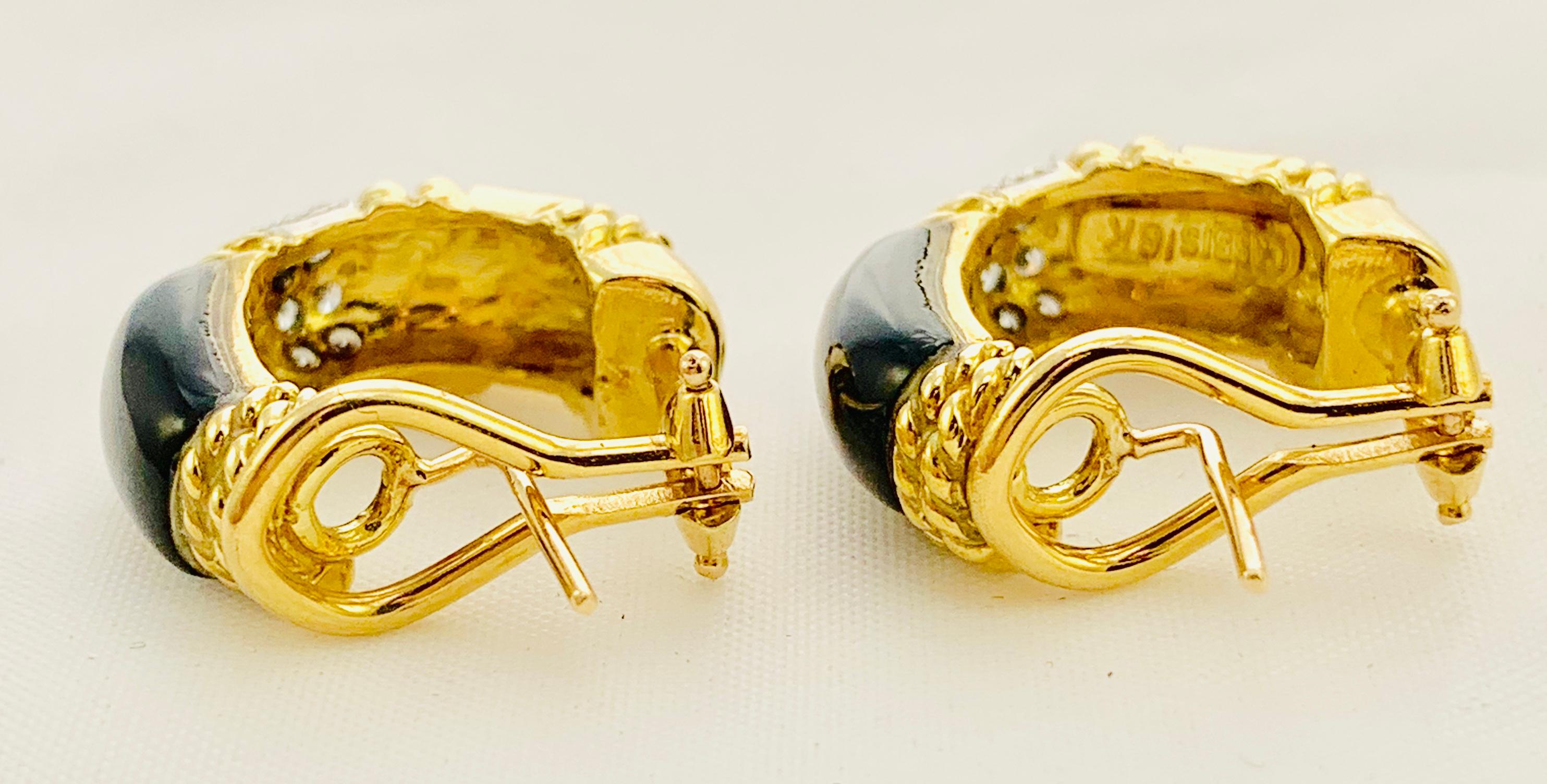 Designer Cassis 18 Karat Yellow Gold, Diamond and Onyx Omega Back Earrings 4