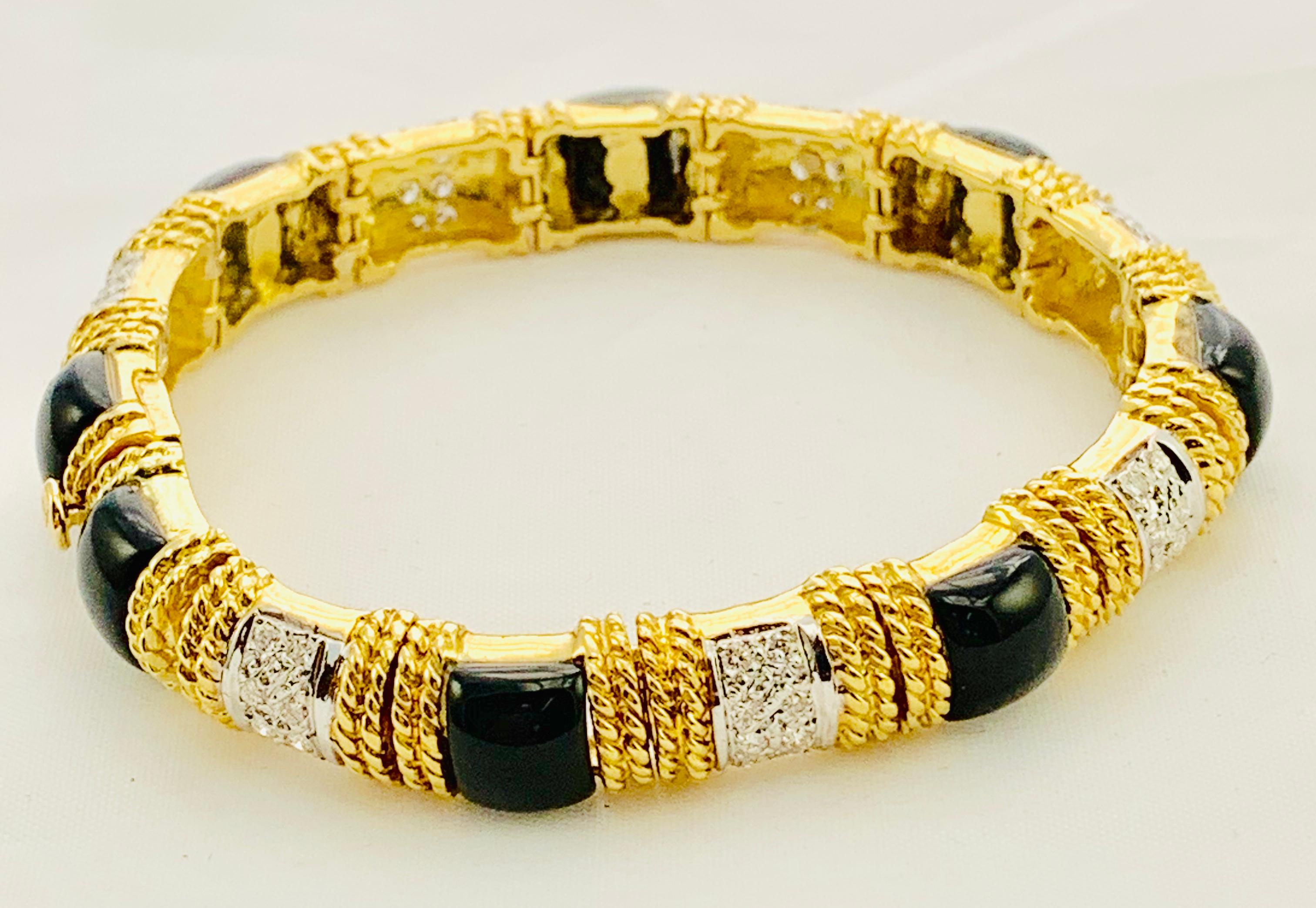 Designer Cassis 18 Karat Yellow Gold, Diamond and Onyx Section Bracelet 4