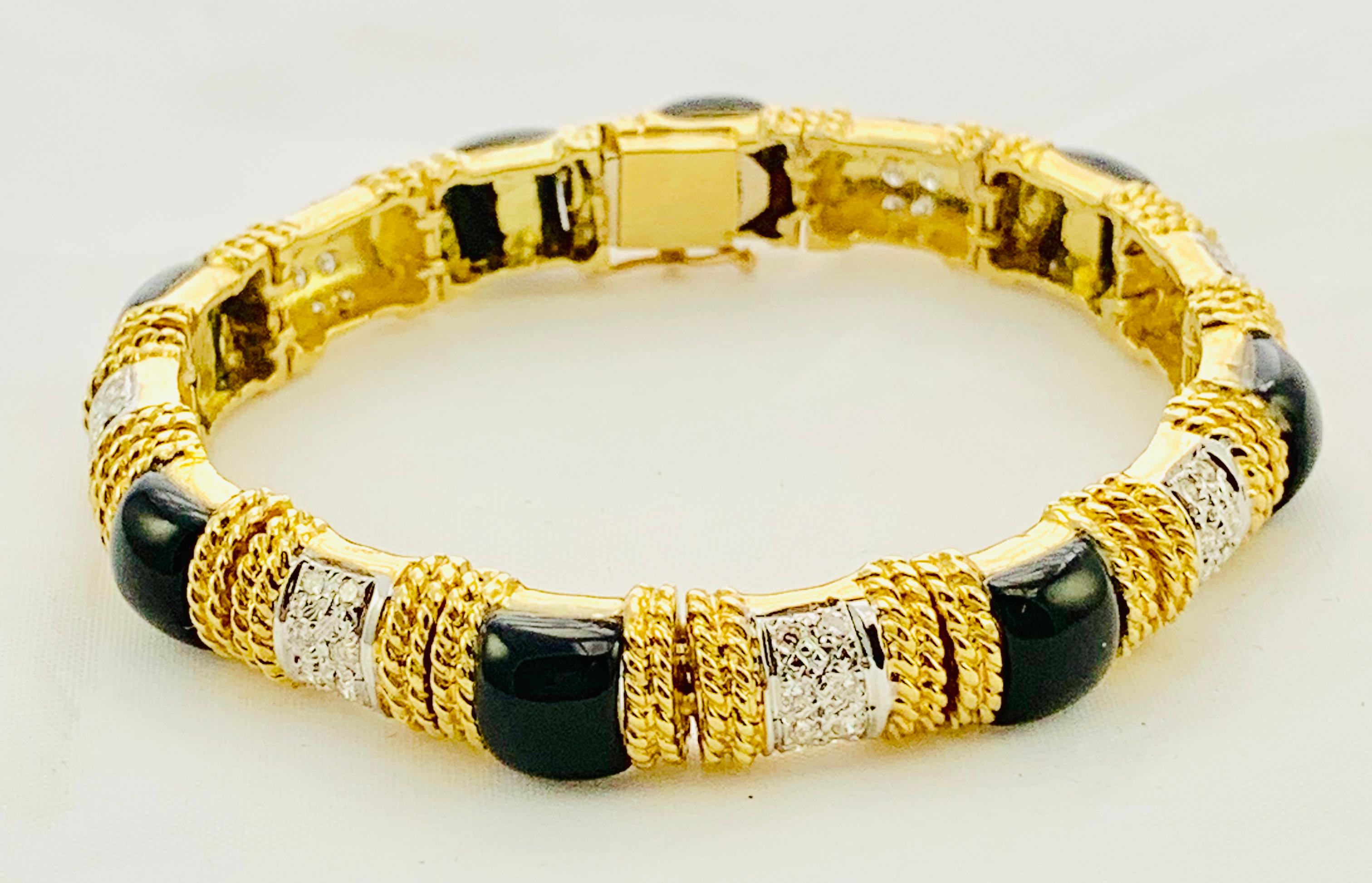 Round Cut Designer Cassis 18 Karat Yellow Gold, Diamond and Onyx Section Bracelet