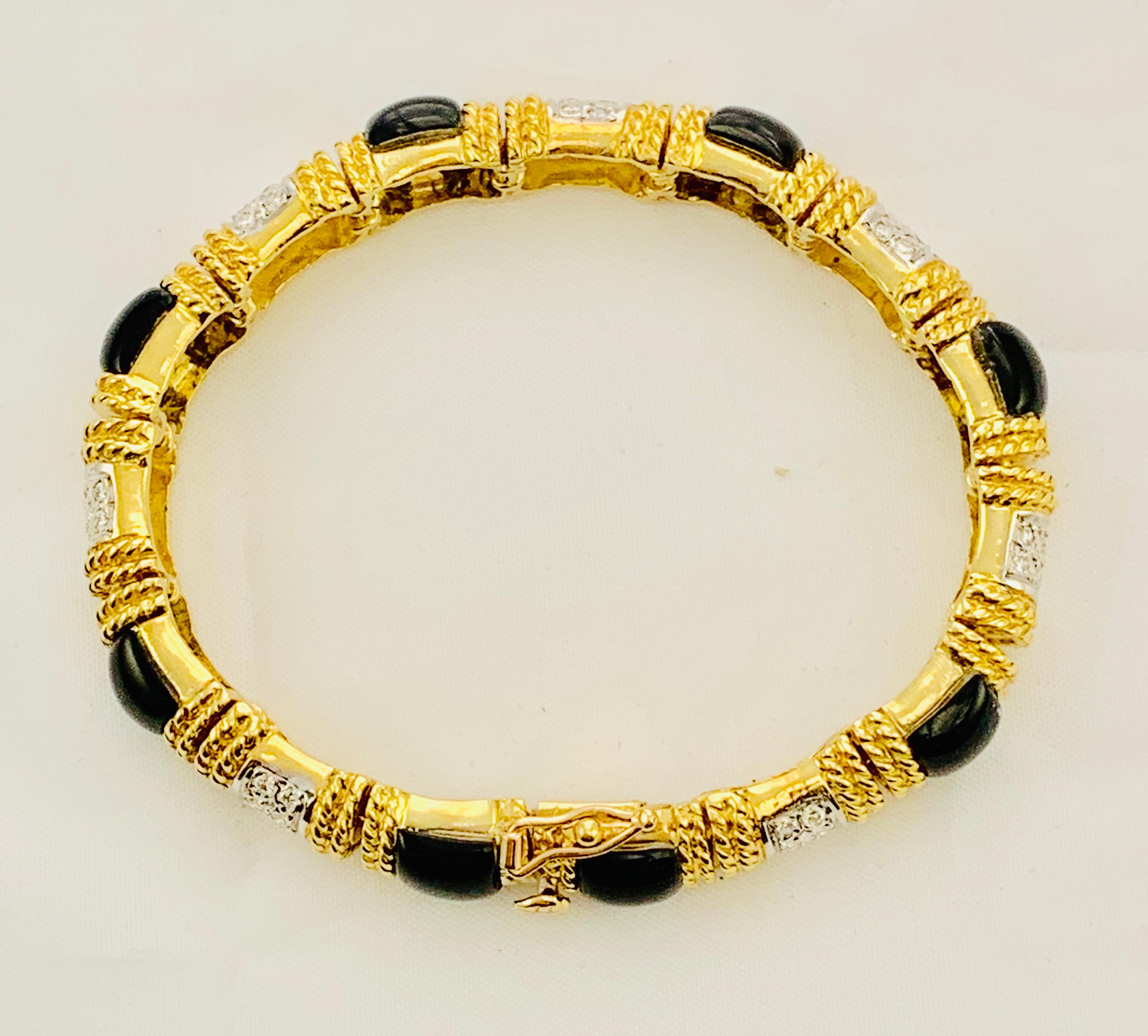 Designer Cassis 18 Karat Yellow Gold, Diamond and Onyx Section Bracelet In Excellent Condition In Birmingham, AL