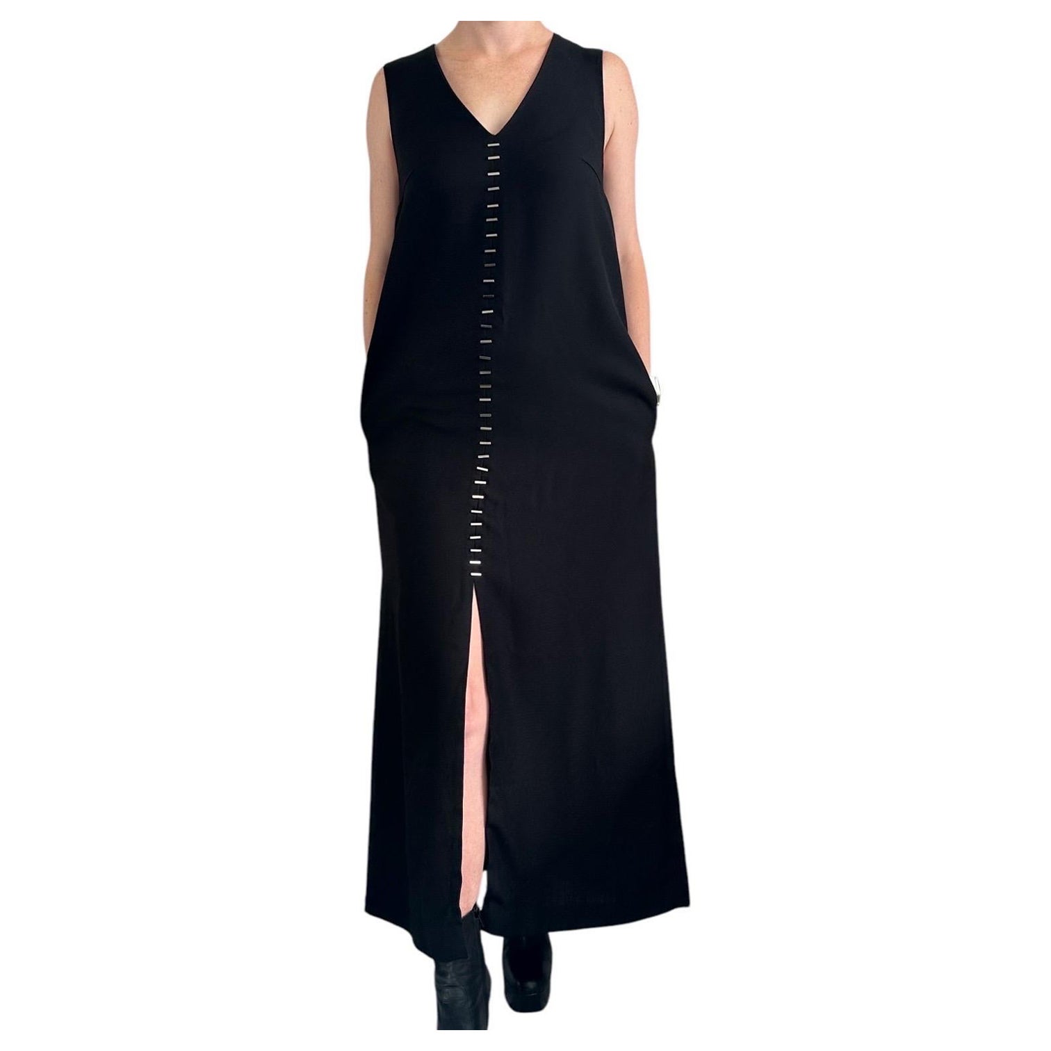 Designer Casual SUNO Black Sleeveless Maxi Dress with Silver Staple Detail US 2