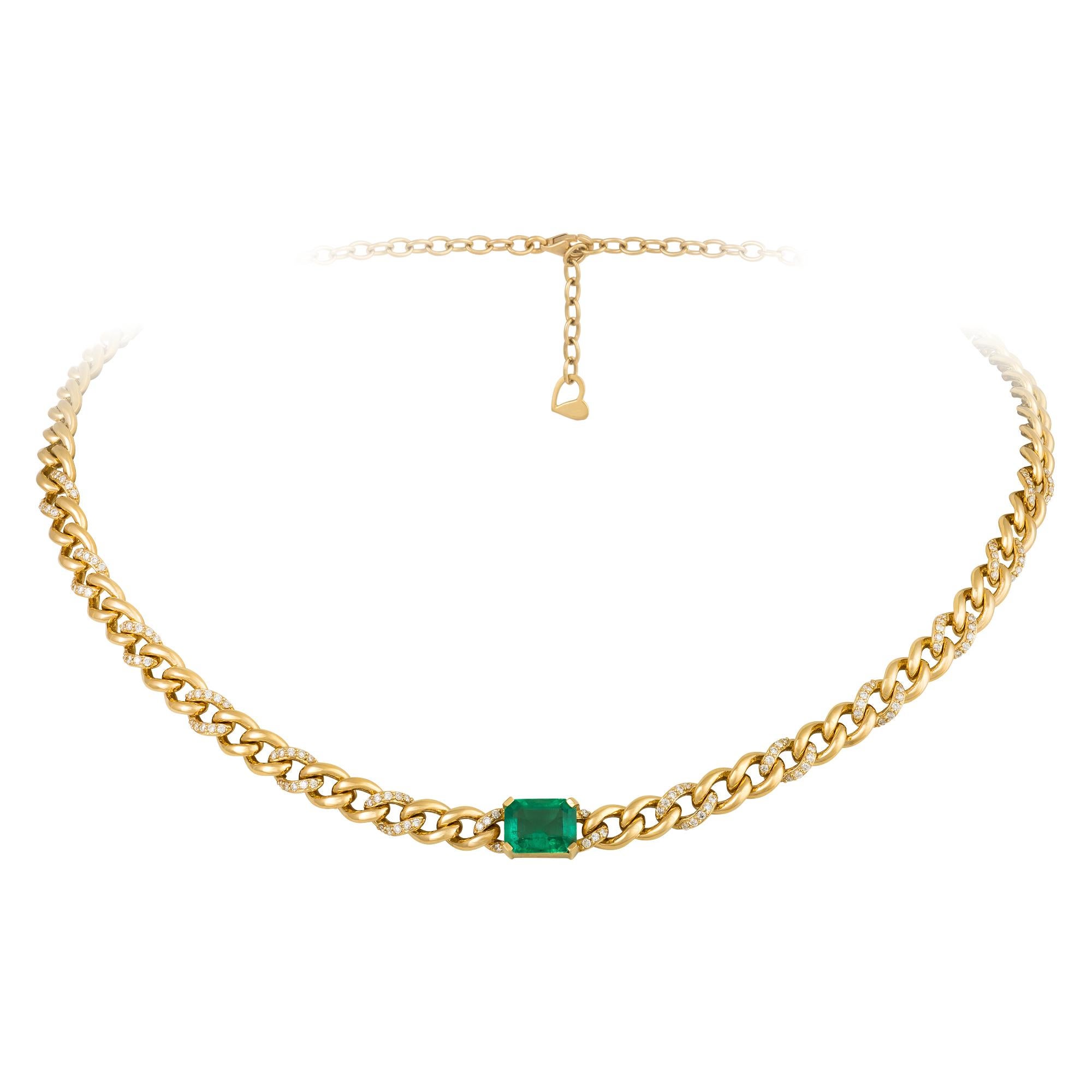 NECKLACE 18K Yellow Gold Diamond 0.84 Cts/128 Pcs Emerald 2.21 Cts/1 Pcs