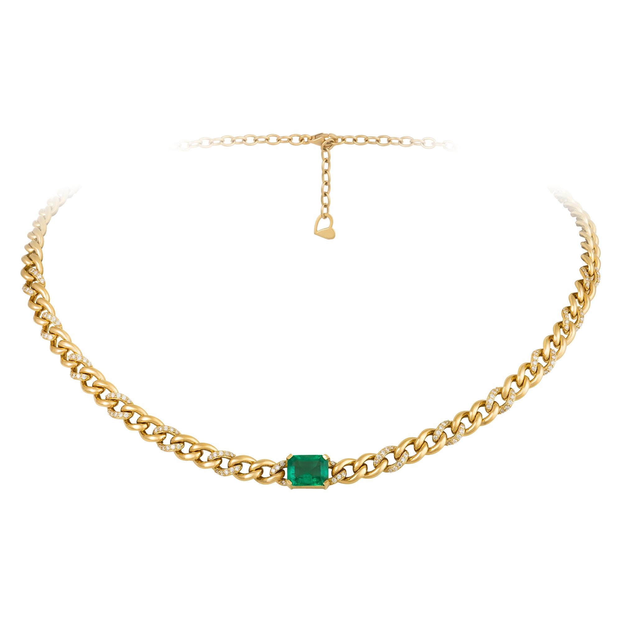 Modern Designer Chain Yellow Gold 18K Necklace Emerald Diamond for Her For Sale