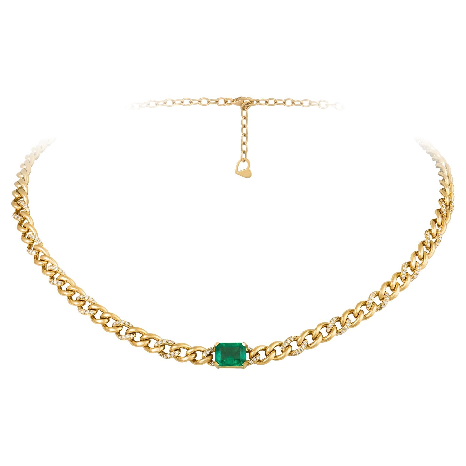 Designer Chain Yellow Gold 18K Necklace Emerald Diamond for Her For Sale