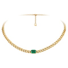 Designer Chain Yellow Gold 18K Necklace Emerald Diamond for Her