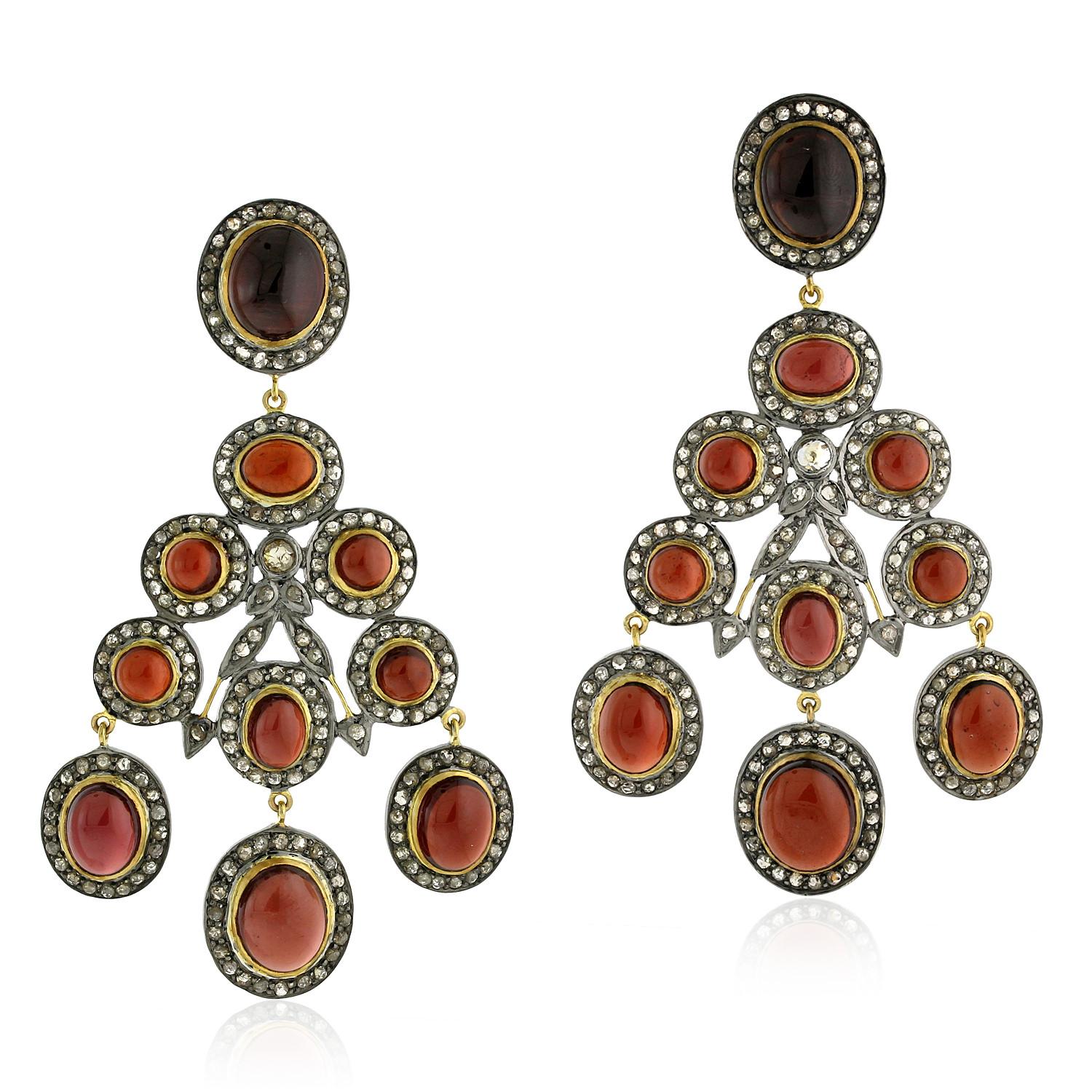 Modern Designer Chandelier Cabochon Garnet and Diamond Earring in Gold and Silver For Sale