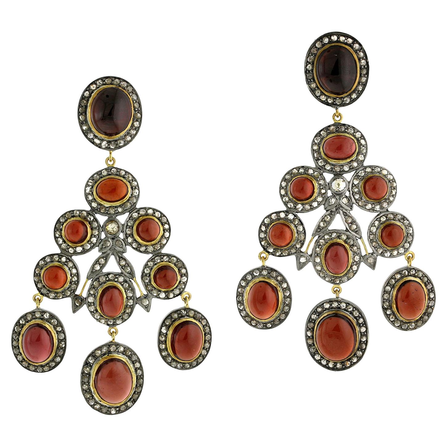 Designer Chandelier Cabochon Garnet and Diamond Earring in Gold and Silver For Sale