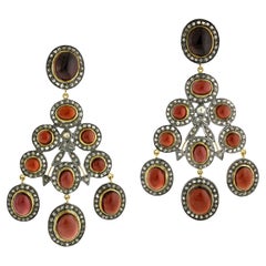 Designer Chandelier Cabochon Garnet and Diamond Earring in Gold and Silver