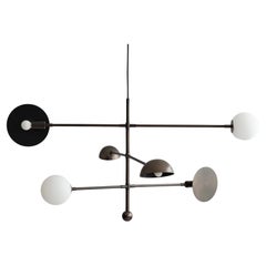 Designer Chandelier, Opal Glass and Bronze-Coloured Metal, Contemporary Piece.