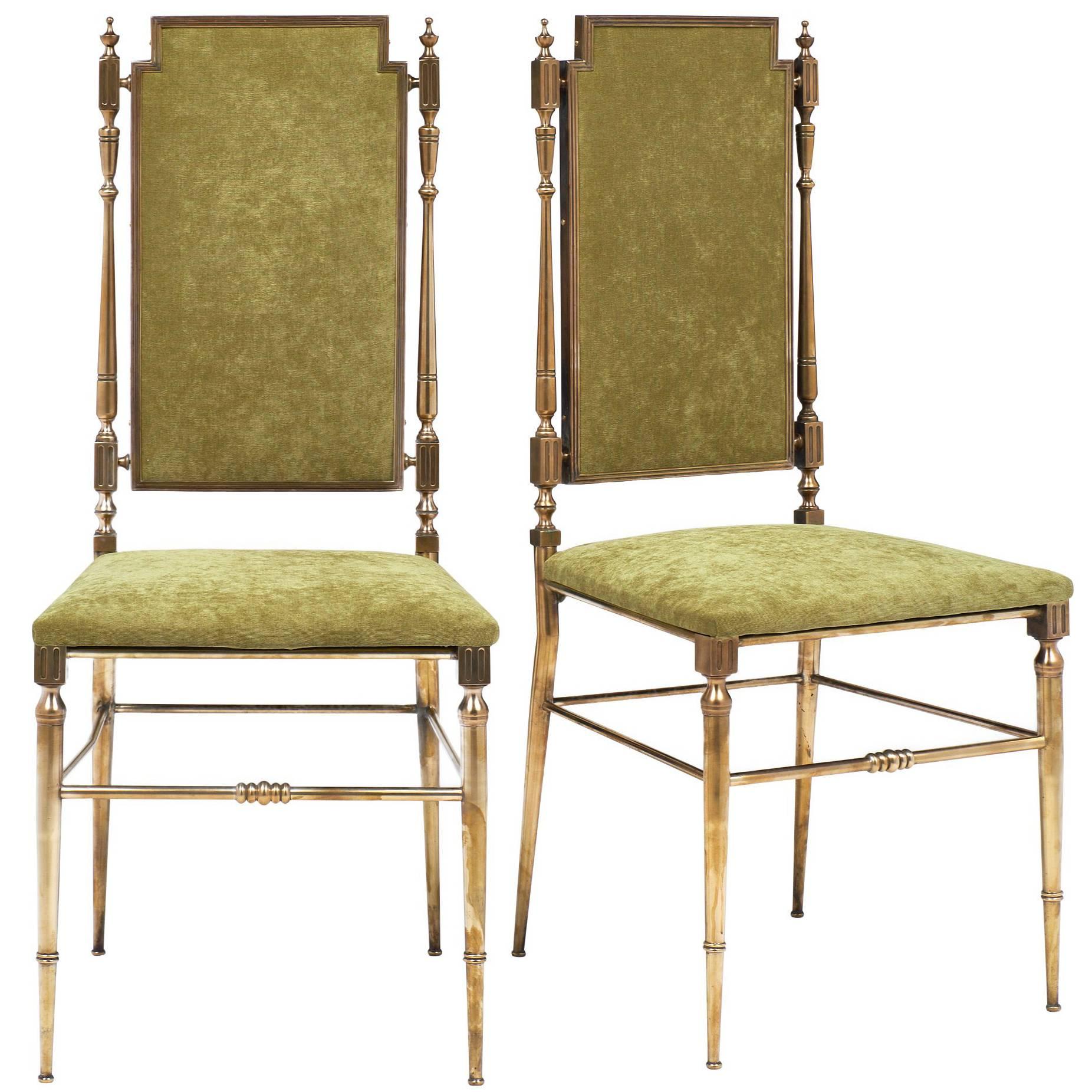 Designer Chiavari Brass and Velvet Side Chairs
