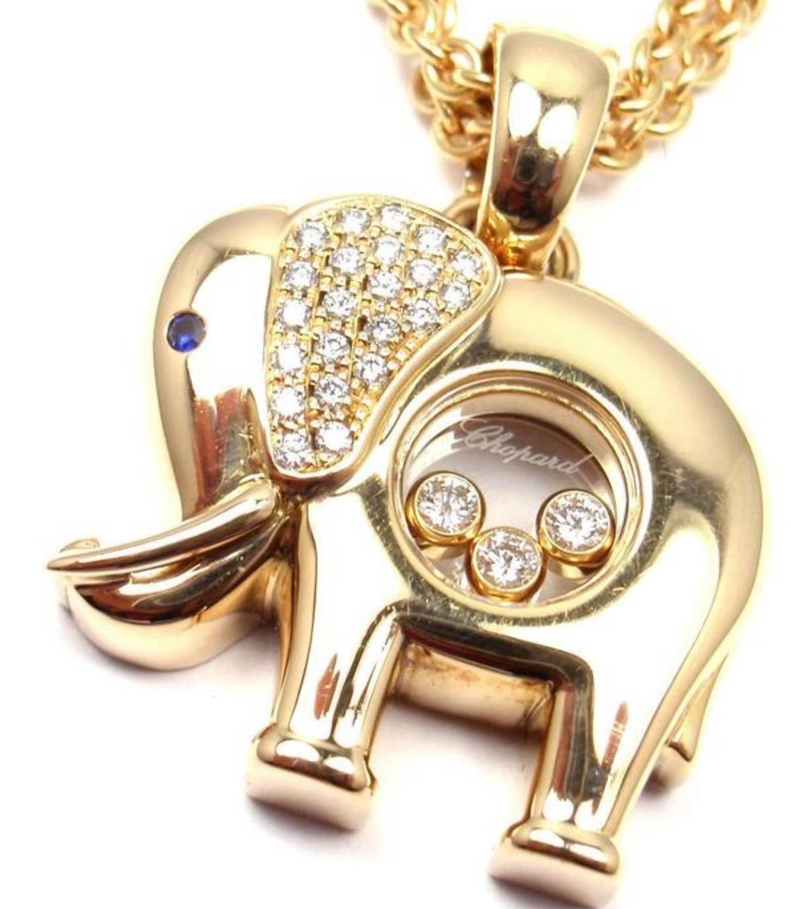Designer Chopard 18K Yellow Gold Happy Diamond Eye Elephant Pendant
Chopard Happy Diamond 18K Yellow Gold , 3 Floating Diamond 
Estimated Retail Price: $6500
Authenticity, Hallmark #9181256      79/1831/20   , Chopard , 750
High polish finish
comes