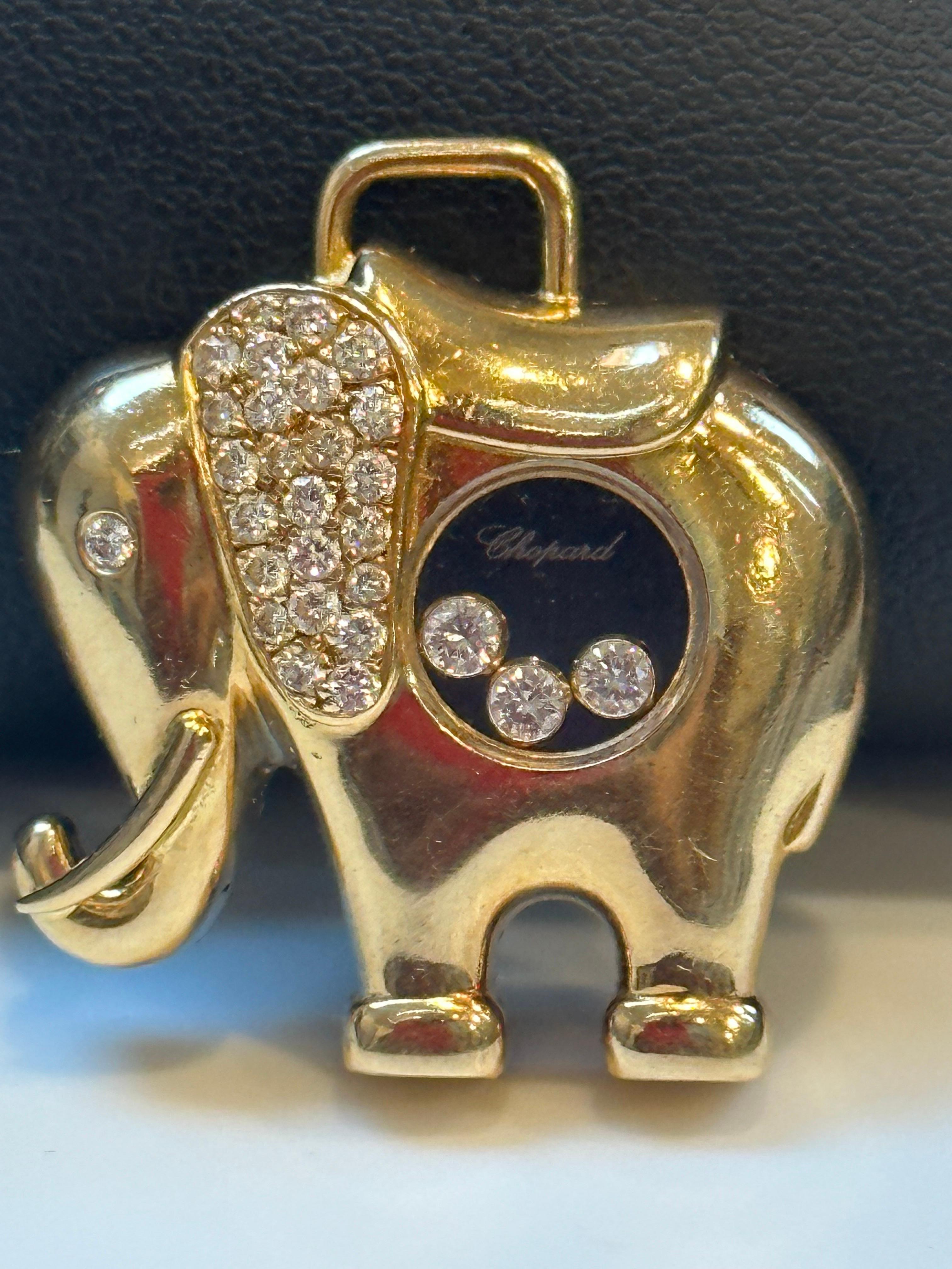 Round Cut Designer Chopard 18K Yellow Gold Happy Diamond & Diamond Eye Elephant Pendant