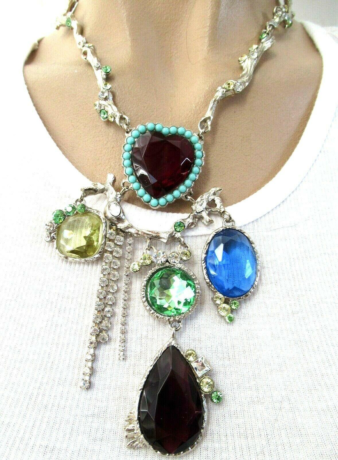 Modernist Designer Christian Lacroix Signed Jeweled Heart Multi Charm Statement Necklace For Sale