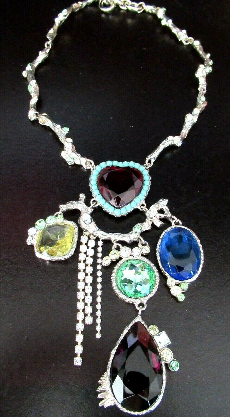 Designer Christian Lacroix Signed Jeweled Heart Multi Charm Statement Necklace For Sale 2