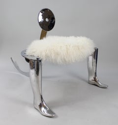 Designer Chrome Shoemaker’s Chair, Mongolian Wool Seat, Circa 1990