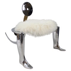 Designer Chrome Shoemaker’s Chair, Mongolian Wool Seat, Circa 1990