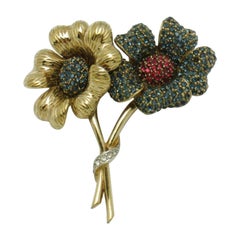 Retro Designer CINER Signed Sparkling Ice Crystal Double Flower Brooch Pin