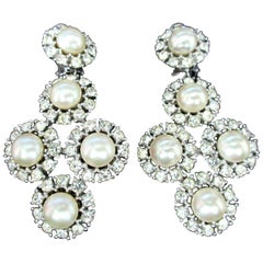 Designer CINER Sparkling Ice Crystal Faux Pearl Chandelier Clip Earrings