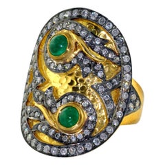 Designer Cocktail 14k Yellow Gold Ring with Diamonds and Emerald