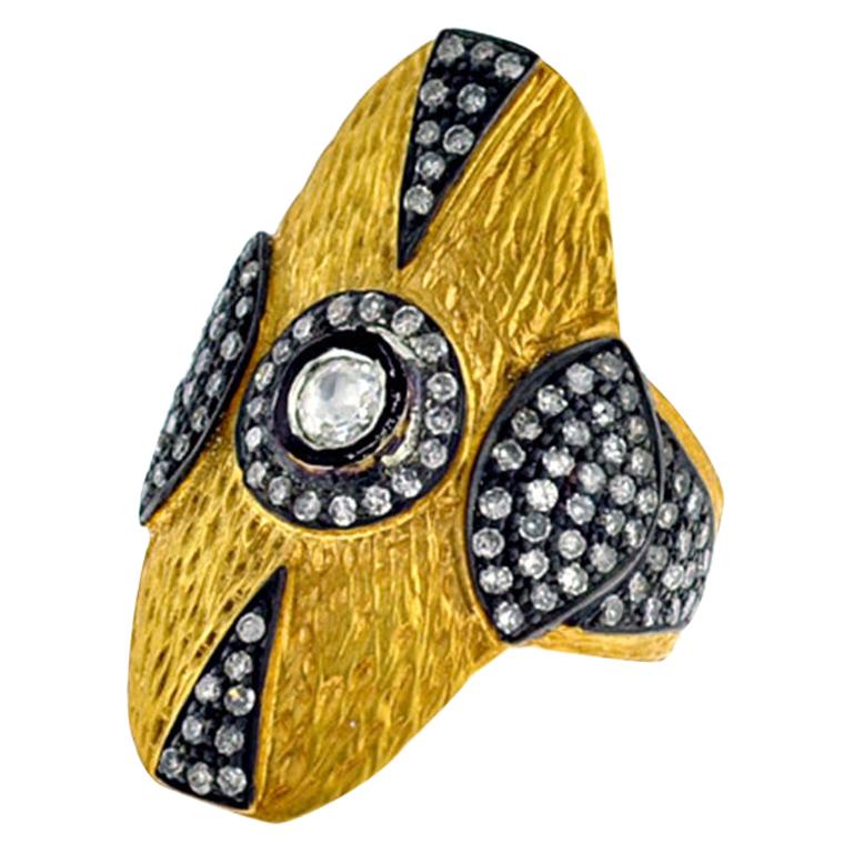 Designer Cocktail Handmade 14k Yellow Gold Ring with Diamonds For Sale