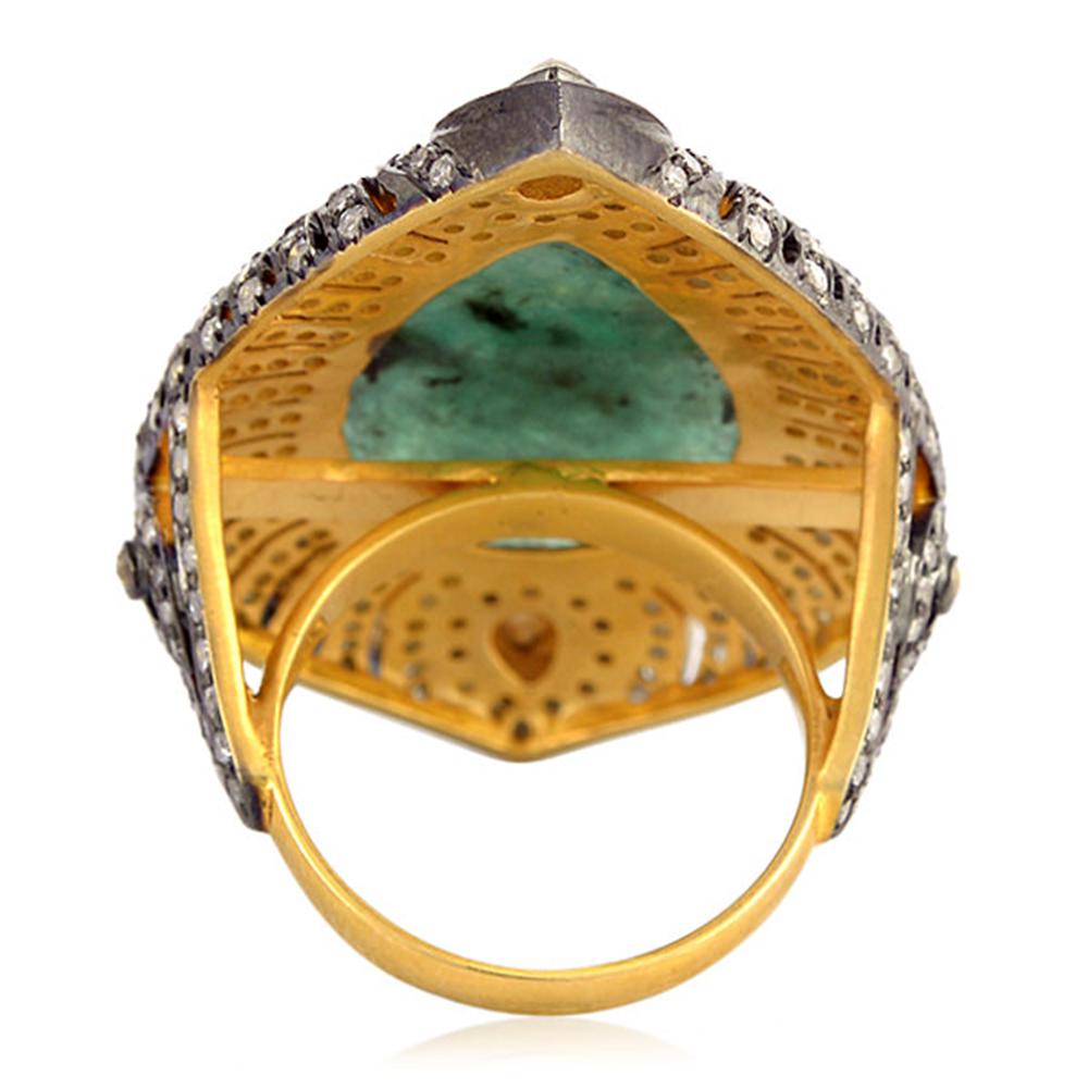 Art Deco Designer Cocktail Ring with Center Emerald Stone Surrounded by Pave Diamonds For Sale