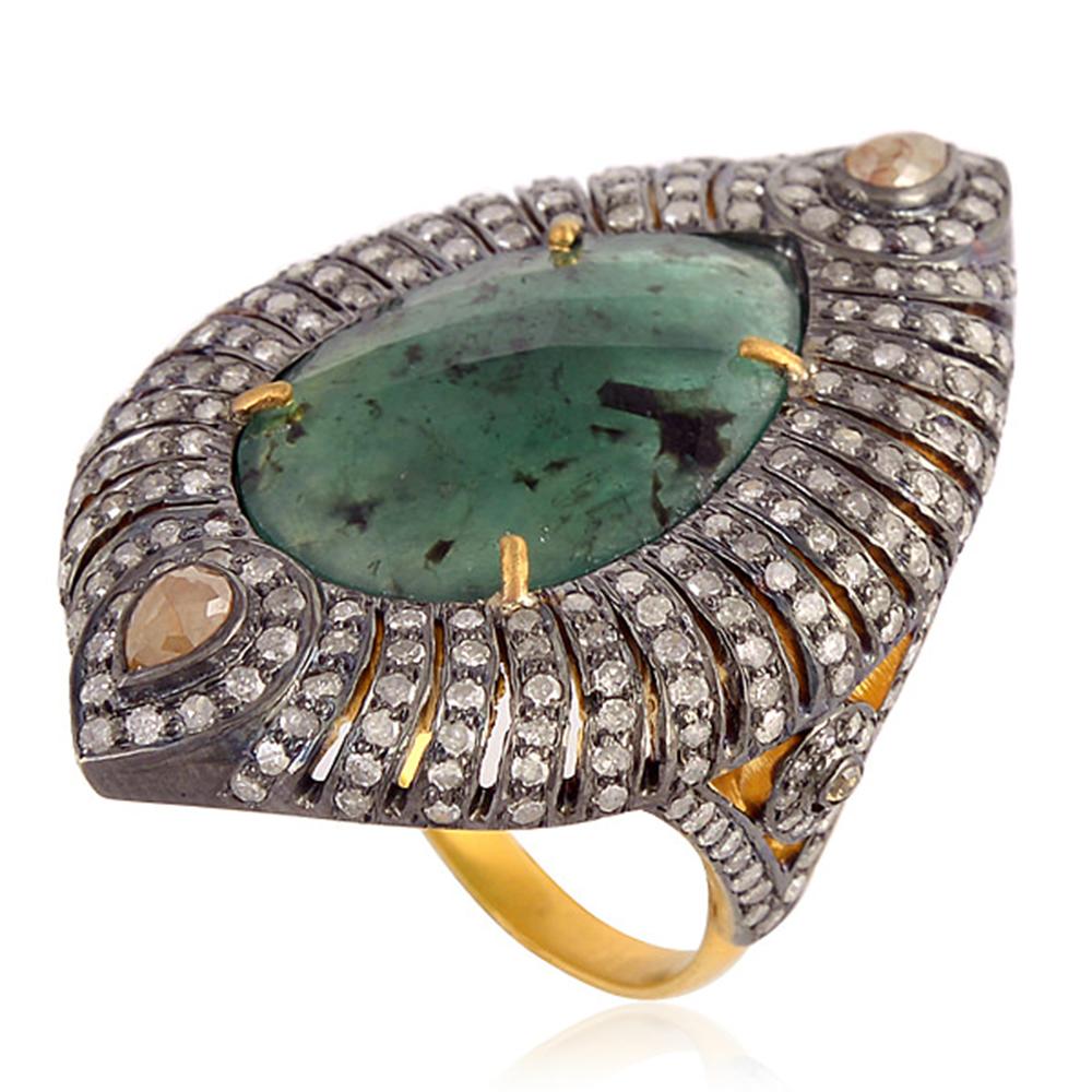 Pear Cut Designer Cocktail Ring with Center Emerald Stone Surrounded by Pave Diamonds For Sale