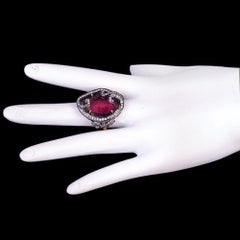 Center Stone Pink Tourmaline Ring Equipped by Pave Diamonds In 18k Gold & Silver