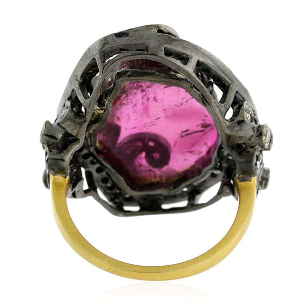 Art Deco Center Stone Pink Tourmaline Ring Equipped by Pave Diamonds In 18k Gold & Silver For Sale