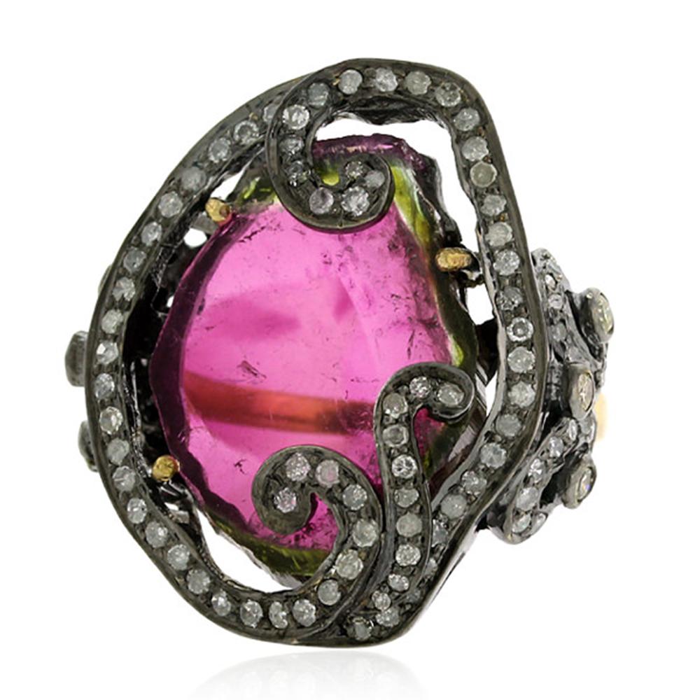 Mixed Cut Center Stone Pink Tourmaline Ring Equipped by Pave Diamonds In 18k Gold & Silver For Sale
