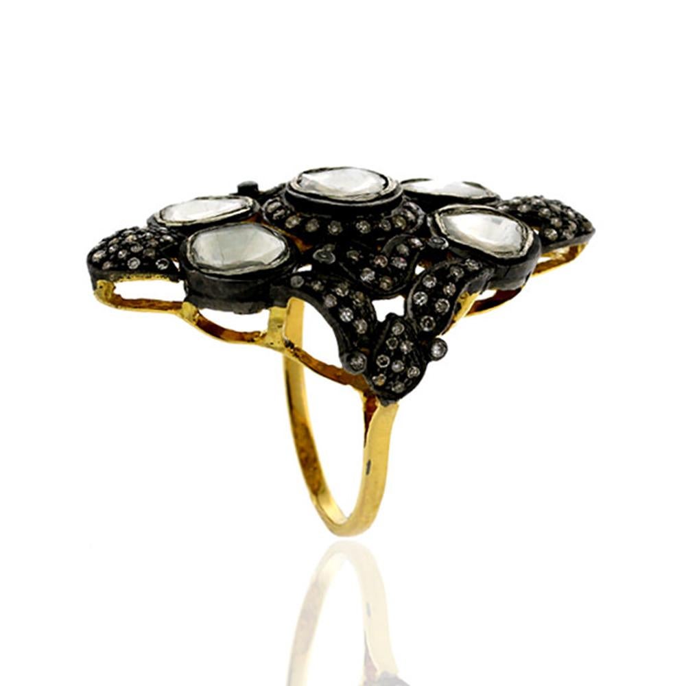 Artisan Designer Cocktail Rose Cut Diamond Ring in Silver and Gold For Sale