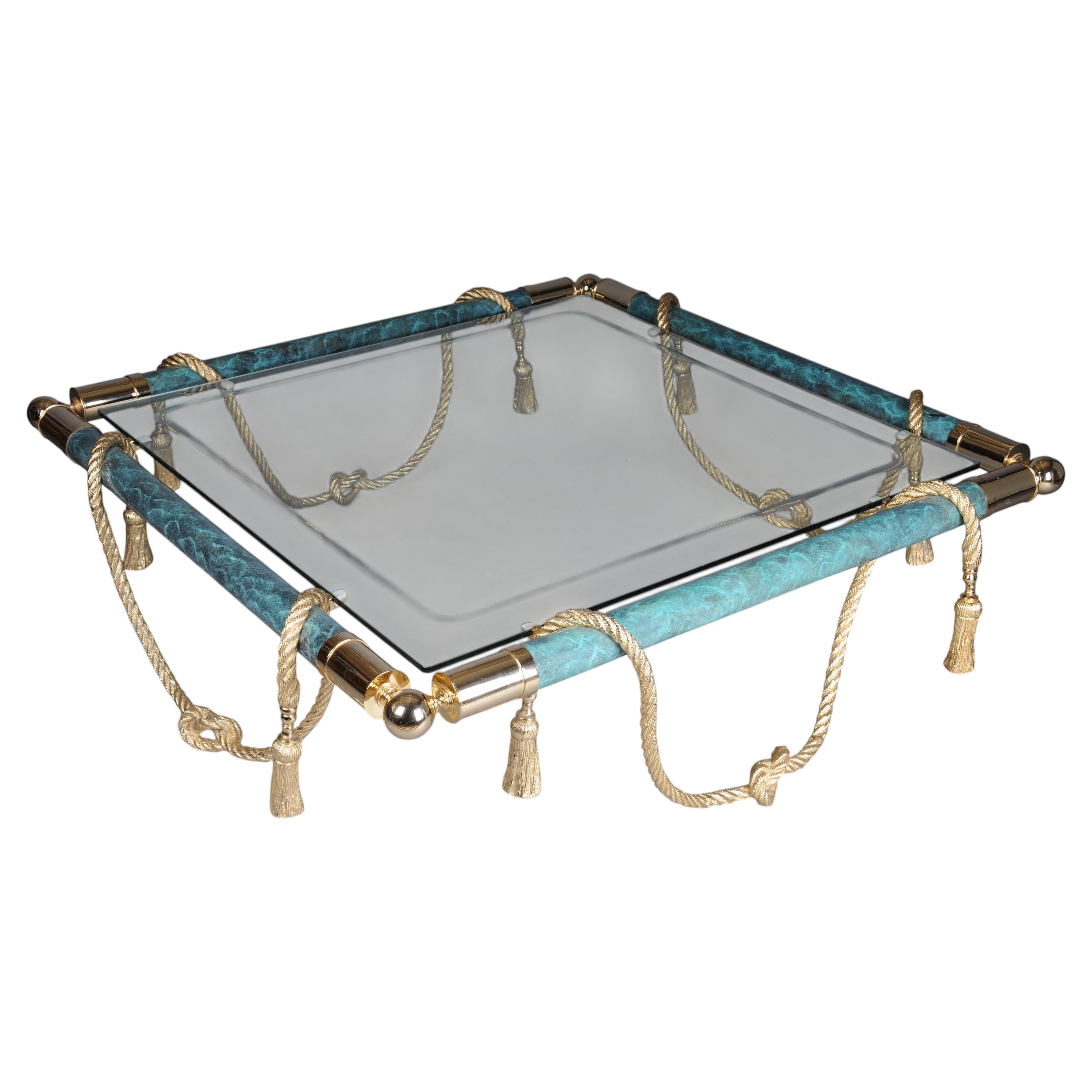 Designer Coffee Table in Brass and Gold with Glass in Hollywood Regency Style For Sale