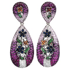 Designer Colorful Sapphire Tsavorite Diamond 18K Gold Floral Dangle Drop Earring