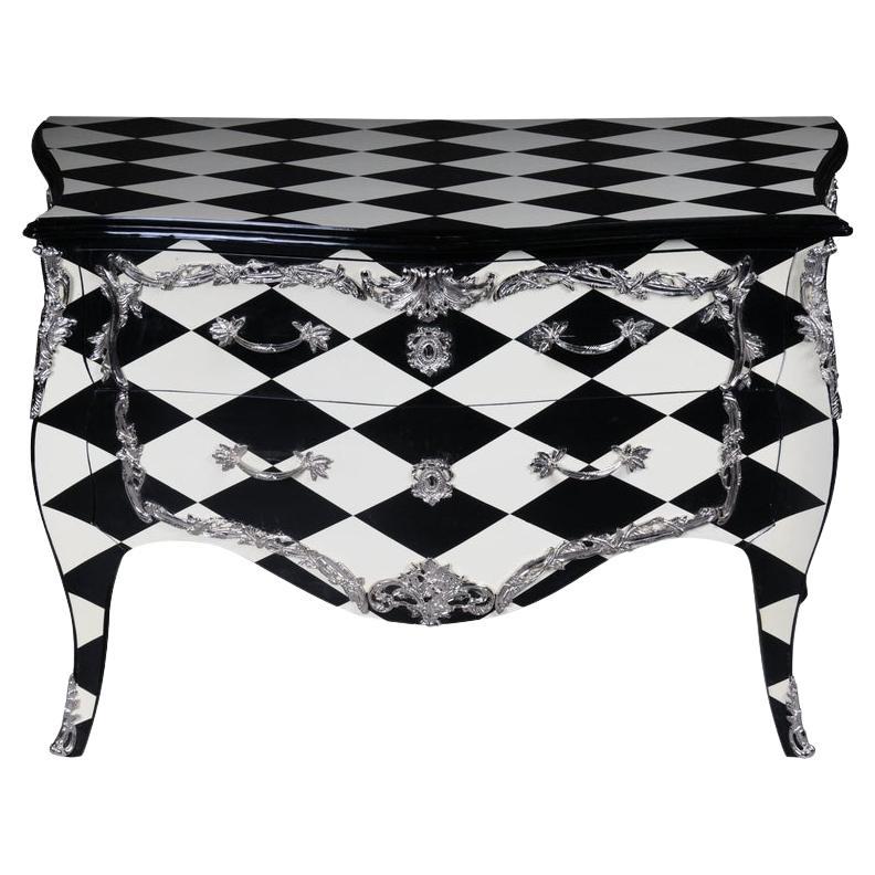 Designer Commode in Louis XV, Chessboard Pattern, Black and White For Sale
