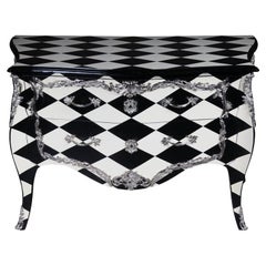 Vintage Designer Commode in Louis XV, Chessboard Pattern, Black and White