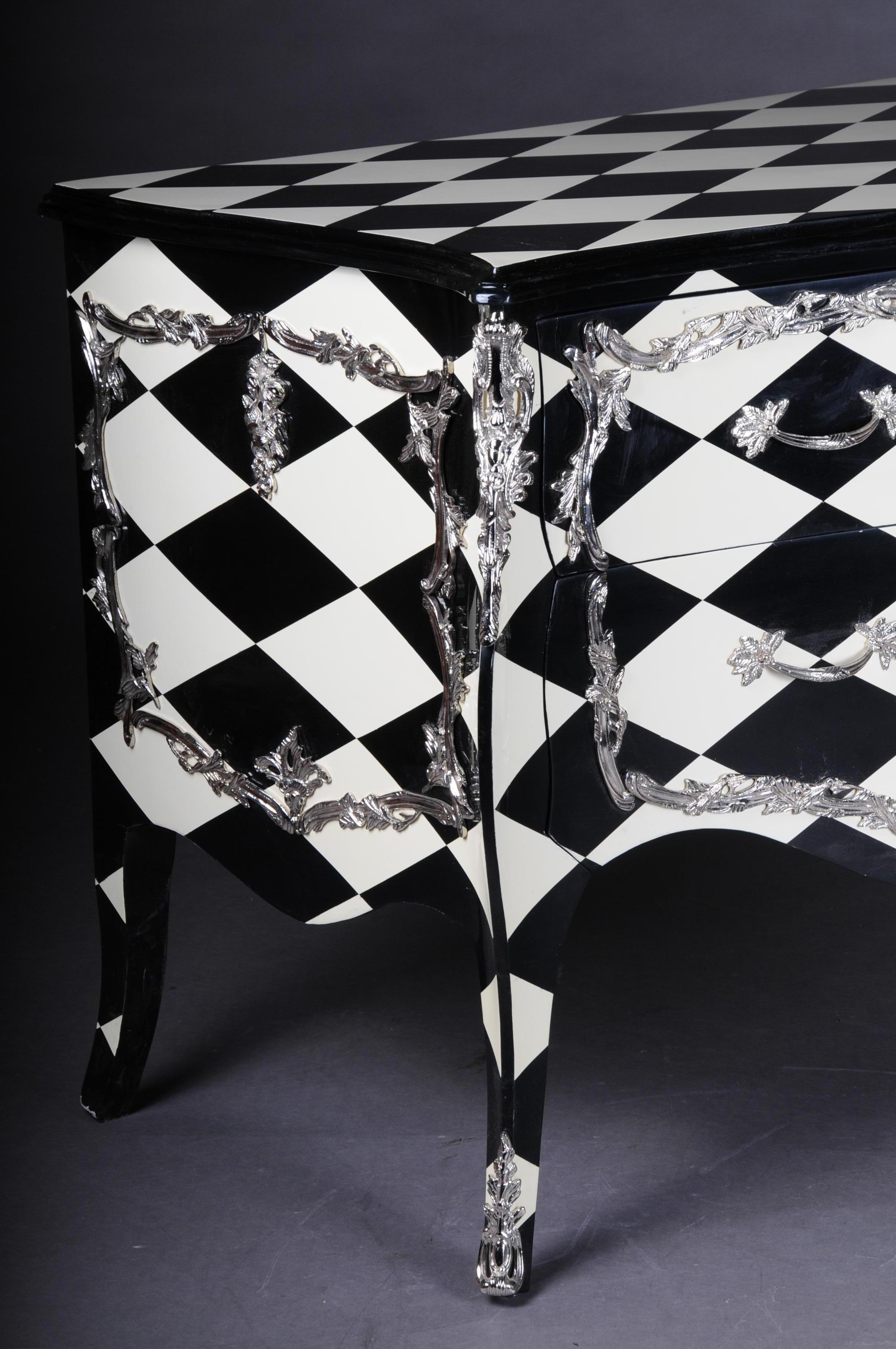 Wood Designer Commode in Louis XV, Chessboard Pattern, Black and White For Sale