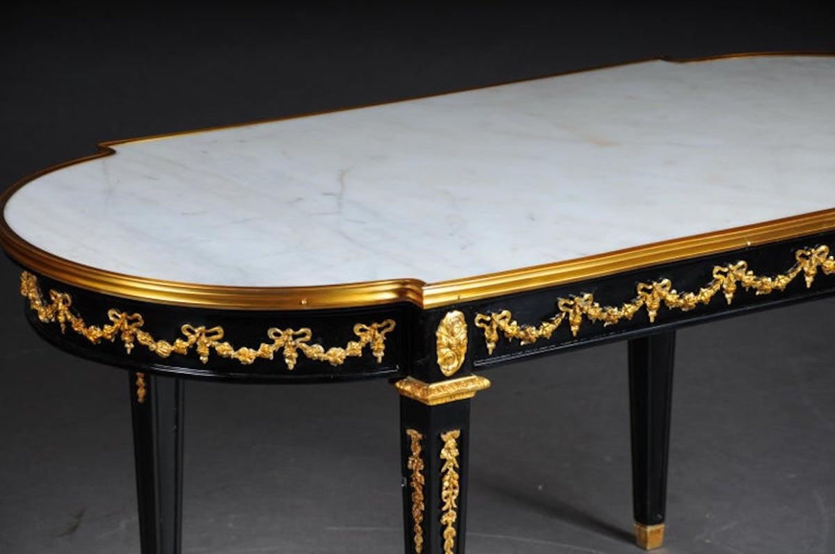 Brass Designer Couch Table in Louis XVI Black, White Marble For Sale