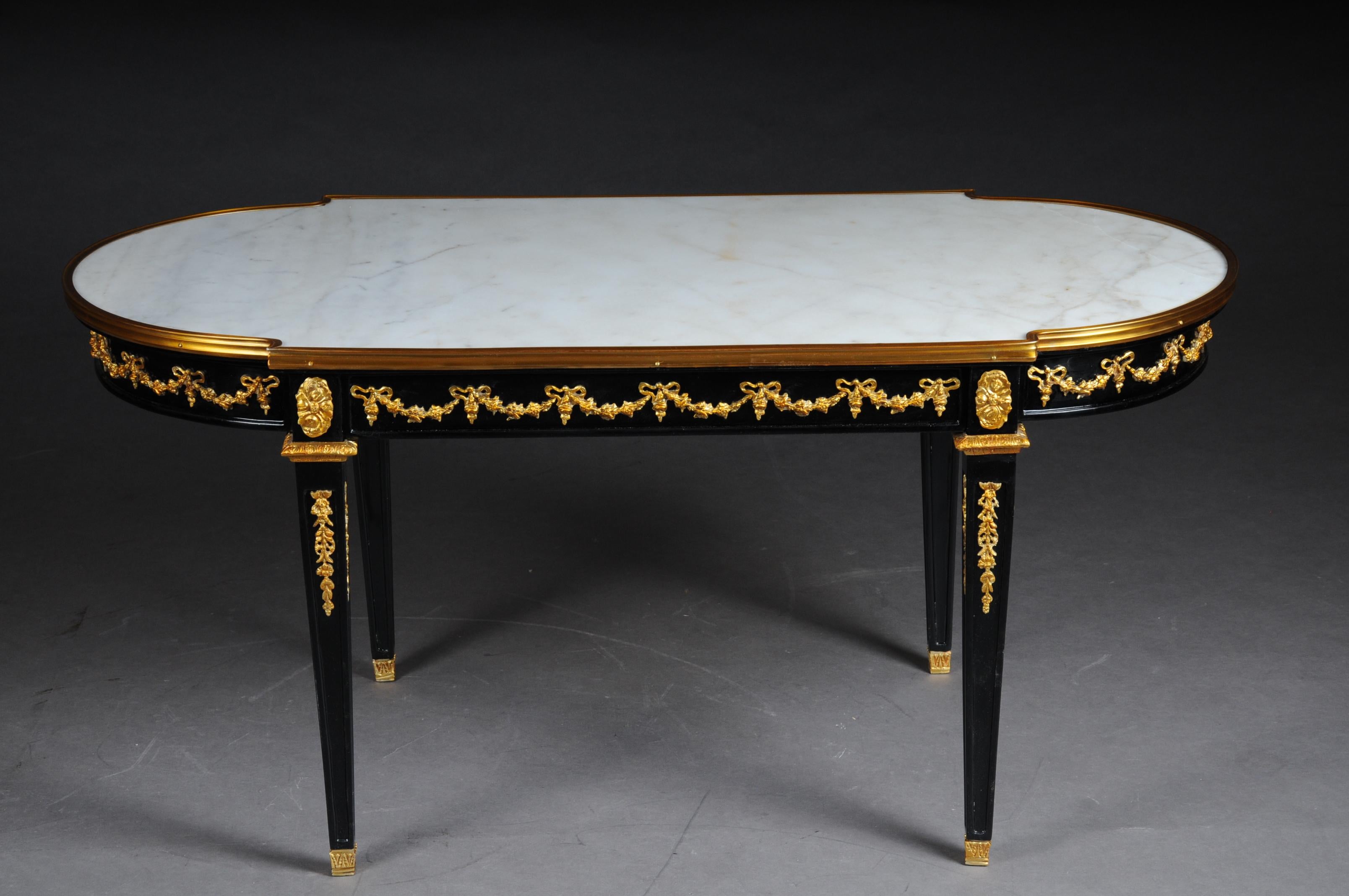 French Designer Couch Table in Louis XVI Black, White Marble For Sale