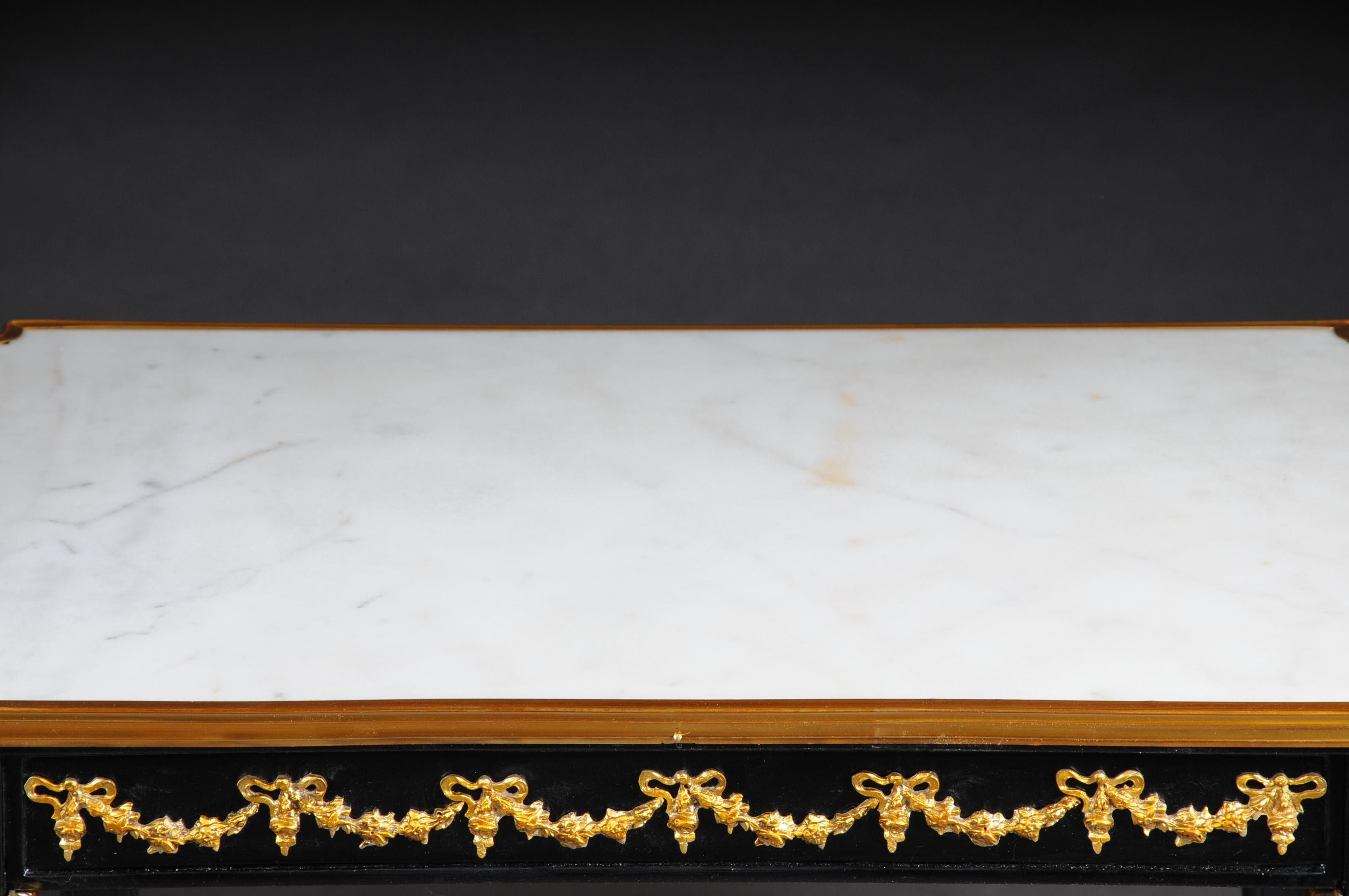 Ebonized Designer Couch Table in Louis XVI Black, White Marble For Sale