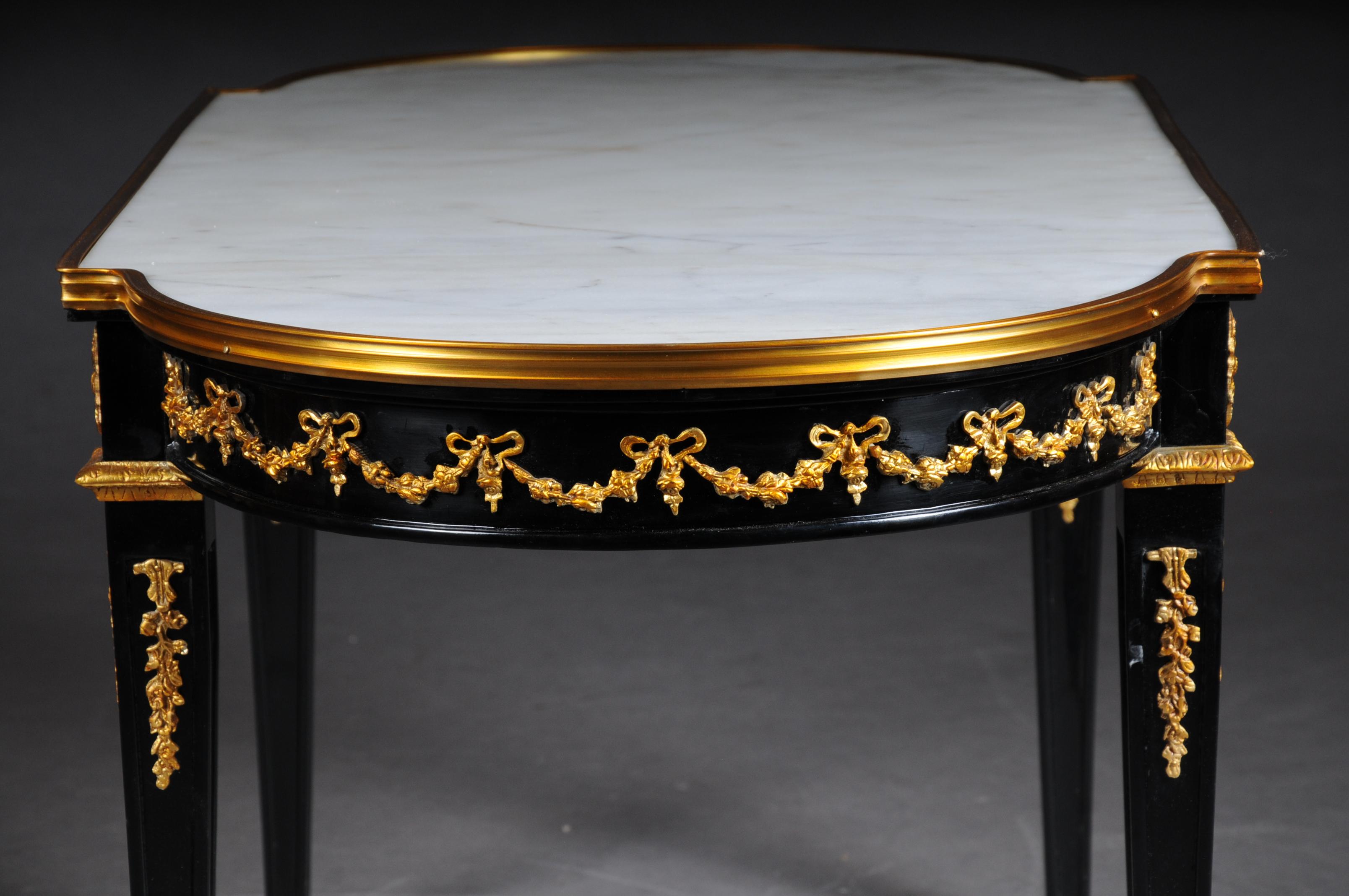 Brass Designer Couch Table in Louis XVI Black, White Marble For Sale