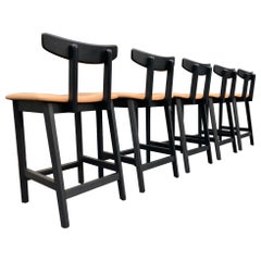 Designer Counter Stools, Oak and Leather, Black
