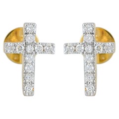 Designer Cross Studs Solid 14k Yellow Gold Natural White Diamond Earring Jewelry