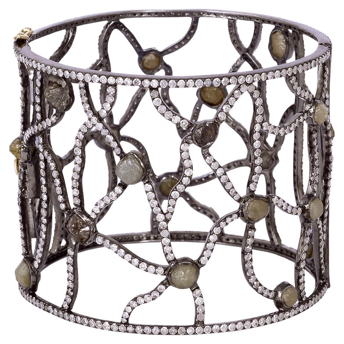 Designer Cuff Bracelet with Ice Diamonds & Pave Diamonds For Sale