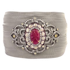Designer Cuff With Center Stone Carved Ruby Motif & Pave Diamonds in Steel Mesh