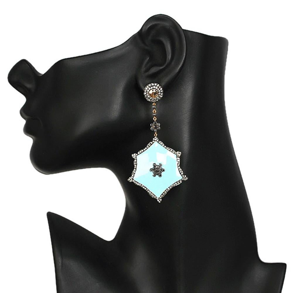 Modern Designer Dangle Diamond and Turquoise Enamel Earring in Gold and Silver For Sale