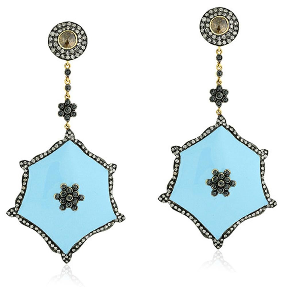 Round Cut Designer Dangle Diamond and Turquoise Enamel Earring in Gold and Silver For Sale