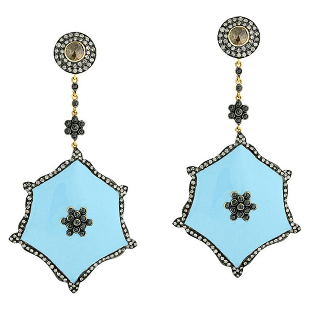 Designer Dangle Diamond and Turquoise Enamel Earring in Gold and Silver For Sale