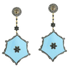 Designer Dangle Diamond and Turquoise Enamel Earring in Gold and Silver
